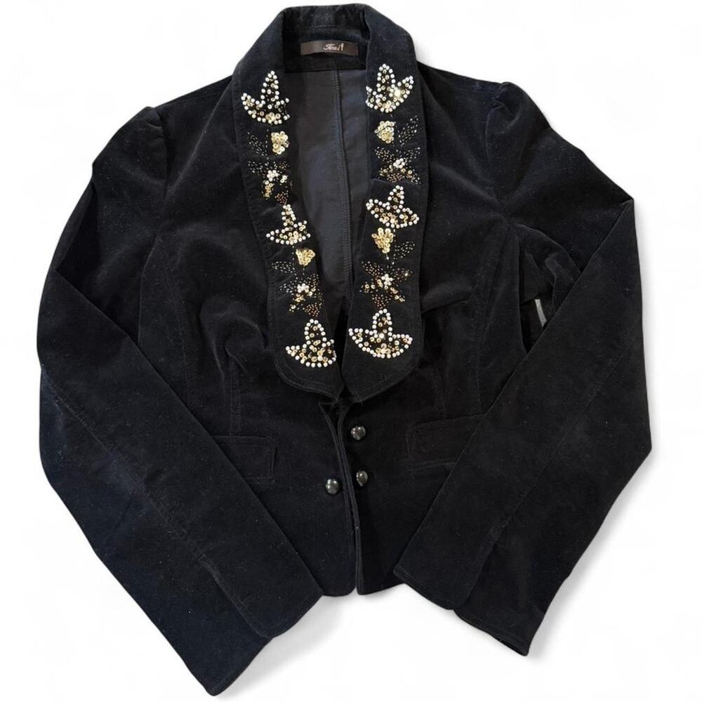 Vintage Whimsigoth Dark Fairy Velvet Beaded Embellish Blazer Puff Sleeve Fits S